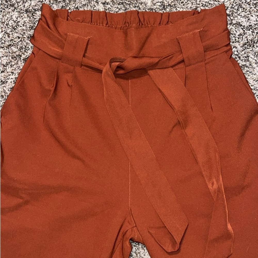 Grace Karin Rust High-Waist Paperbag Trousers with Tie Belt